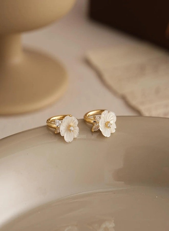 VLINRAS Mother of Pearl Flower Hoop Earrings, Dainty Floral Gold Huggie Earrings, Bridal Earrings Bridesmaid Gift - Image 4